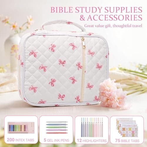 KOUDGY Bible Cover Case for Women Large Quilted Bible Carrying Bag with Handles Bible Study Supplies & Accessories Christian Gifts for Women(Pink Bow, M) thumbnail 5