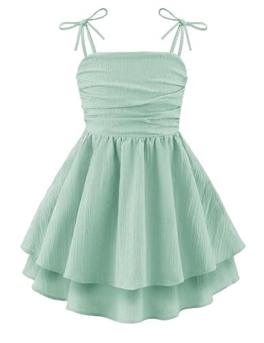 Arshiner Girls Summer Spaghetti Strap Dresses Flowy Tiered Ruched Smocked Back Casual Beach Midi Sundress - 9-10 Years - Green - Image 1