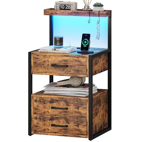 Nightstand with Charging Station and LED Lights, LED Night Stand with 2 USB Ports and 2 AC Outlets, Modern End Table with 3 Drawers, Bedside Table with Open Storage for Bedroom, Rustic Brown thumbnail 9
