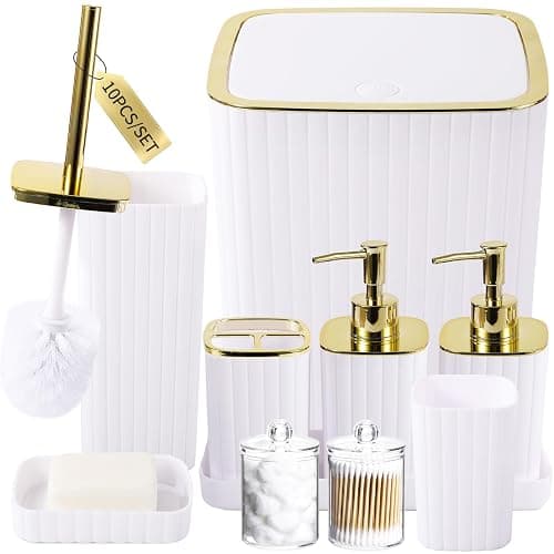 XLHOMO Bathroom Accessories Set - Gorgeous Bathroom Set, 10PC White Bathroom Accessory Set, Toilet Brush, Trash Can, Qtip Holder Dispenser & Soap Dispenser - Image 1