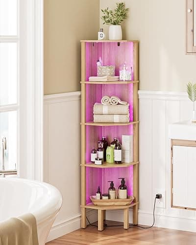 Apetaccat Corner Shelf Stand, 5 Tier Corner Bookshelf with Light,Corner Furniture for Bedroom Display Corner Shelf for Small Space,Wood Shelves with Storage Rack for Living Room,Office,Oak thumbnail 3