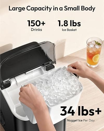 EUHOMY Nugget Ice Maker Countertop with Handle, Ready in 6 Mins, 34lbs Per Day, Removable Top Cover, Auto-Cleaning, Portable Sonic Ice Maker with Basket and Scoop, for Home/Party/RV/Camping (Black) thumbnail 4