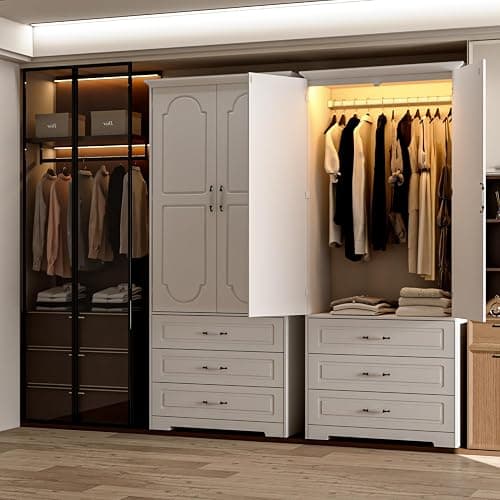 FJTJBSI Armoire Wardrobe Closet with 3 Drawers and LED Light 72" Wooden Bedroom Armoire with 2 Doors and Retro Ceramic Door Handles Modern Wardrobe Cabinet with Removable Hanging Rod White thumbnail 9