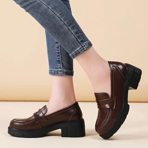 TKKAE Loafers for Women Penny Slip On Chunky Block Heel Platform Loafer | Women's Lug-Sole Loafers Comfortable Business Casual Dress Office Work Shoes for Ladies Daily Walking Shoes thumbnail 2