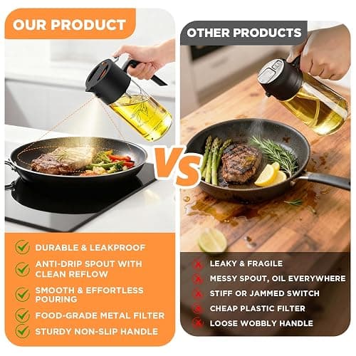 PLAPITATE 17oz/500ml Premium Olive Oil Sprayer for Cooking, 2 in 1 Glass Olive Oil Dispenser Bottle for Kitchen Gadgets, Spray Bottle with Portion Control for Salad, Frying, BBQ (Black) thumbnail 7