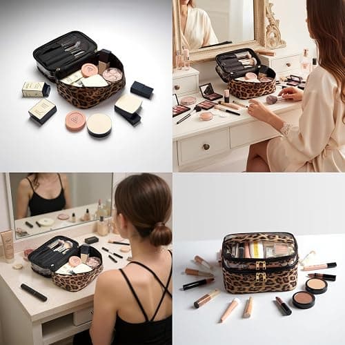 imerelez Double-layer Cosmetic Bag Makeup Bag Travel Makeup Bag Makeup Bags for Women Cosmetics Cases Portable Waterproof Foldable (Leopard) thumbnail 5