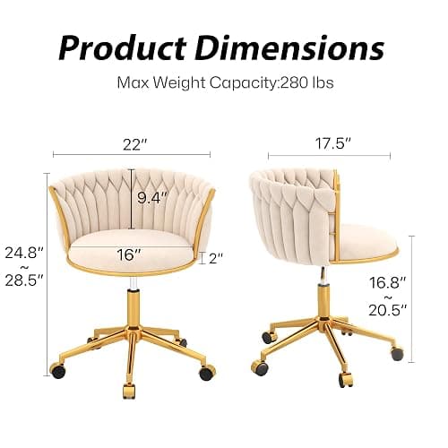 HENGJIANYI Velvet Woven Home Office Chair, Modern Swivel Desk Chair with Wheels, Height Adjustable Vanity Chair with Gold Metal Base and Hand Weaving Back, Beige thumbnail 2