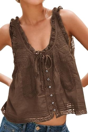 Women Summer Boho Lace Tie Front Tank Beach Vacation Top Button Down Sleeveless Cardigan Crop Y2k Tops Clothes 2026 - Image 1