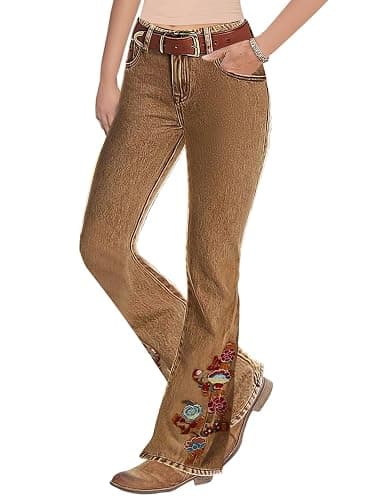 Flamingals Women's Floral Embroidery Mid Waist High Stretch Bootcut Jeans with Pockets - Image 1