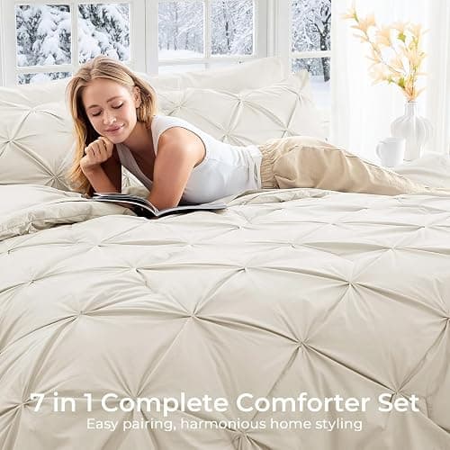 Sasttie Queen Comforter Set, 7-Piece Bed in a Bag, Pintuck Bedding Sets for All Season, Includes Comforter, Flat Sheet, Fitted Sheet, Pillowcases and Pillowshams, Beige thumbnail 6