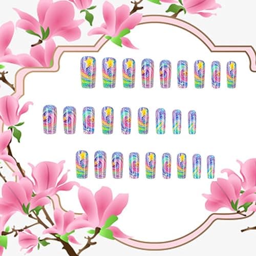 TBRZTR Stars Press on Nails Medium Square Colorful Starry Sky Pattern Design Gradient Fake Nail Acrylic Artificial Glue on Nails Full Cover Glossy Press Ons Stick on Nail for Women Manicure 24Pcs thumbnail 3
