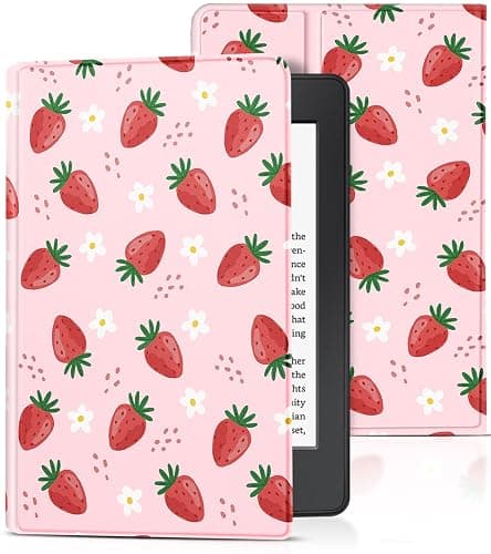 Uppuppy for Kindle Paperwhite 11th Generation Case 6.8 Inch 2021 / Paperwhite Signature Edition Cute Women Girls Teens Unique Strawberry Folio Fabric Paper White Cover with Auto Sleep/Wake E-Reader - Image 1