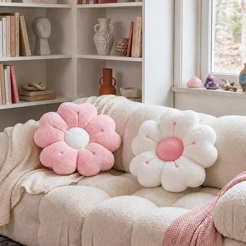 2Pcs Flower Pillow,34cm Plush Thick Flower Cushion White & Pink Aesthetic Daisy Pillow,Soft Fluffy Preppy Cushion Lumbar Suppor Mat Room Decor for Car Home Sofa Chair Bedroom Floor(Pink+White) - Image 1