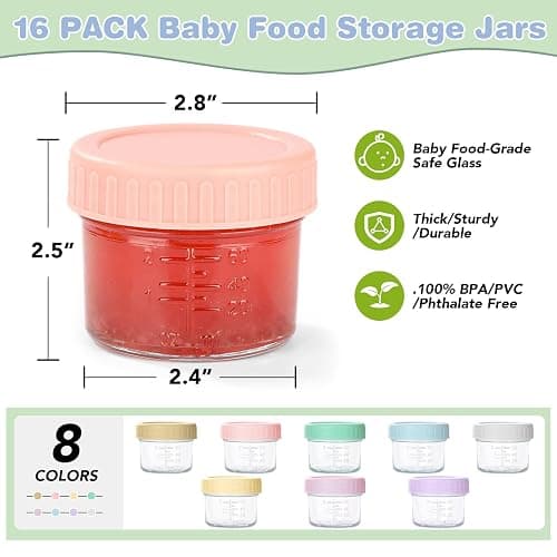 RowinsyDD 16 Pack Glass Baby Food Storage Containers, 4 oz Leakproof Baby Food Jars with Lids, Small Glass Food Containers for Infant Baby, Freezer & Microwave Safe, BPA Free thumbnail 2