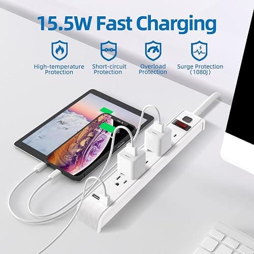 TiFFCOFiO Power Strip Surge Protector with 6 Outlets & 2 USB Ports, 14 AWG | 600 Joules, 4 ft Extension Cord, Wall Mountable, ETL Listed, 15A/1875W thumbnail 2
