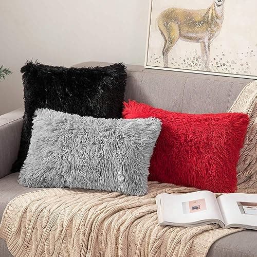 ANRODUO Pack of 2 Black Throw Pillow Covers Luxury Fluffy Pillows Faux Fur Decorative Pillows Plush Cushion Case Fuzzy Mongolian Merin Style for Bed Couch Sofa Living Room Halloween Decor 18x18 Inch thumbnail 6
