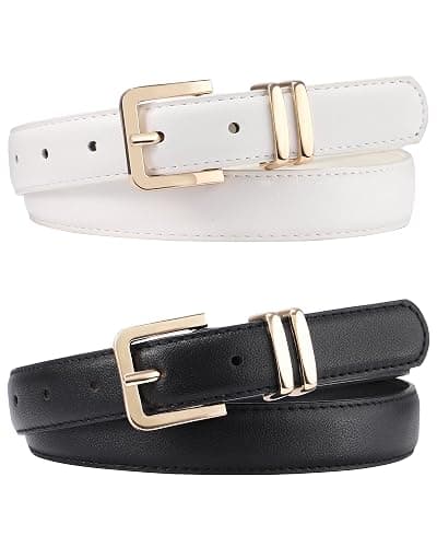 AWAYTR 2 Pack Girls Leather Belt for Kids Jeans with Gold Square Buckle - Fit Waist: 26"-30" - Black+white - Image 1