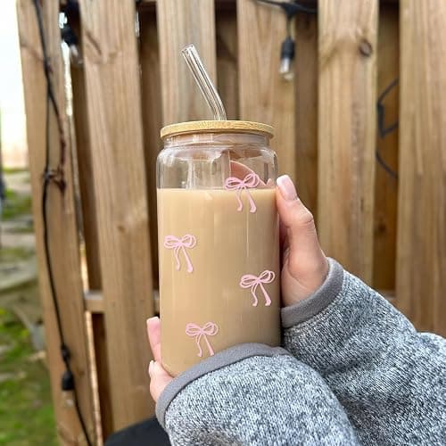 Mikopei Coquette Aesthetic Glass Cups with Lids and Straws - Pink Bow Iced Coffee Cup Decor, Cute Tumbler Smoothie with Cleaning Brush&Gift Box, Gifts for Girls Women Friends, 16 oz thumbnail 2