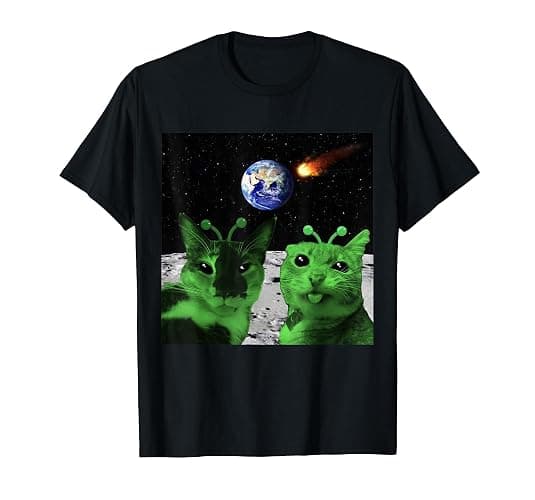 Cat Meme Alien Green Cat Selfie UFO Funny Space Kitty Gift T-Shirt - Image 1