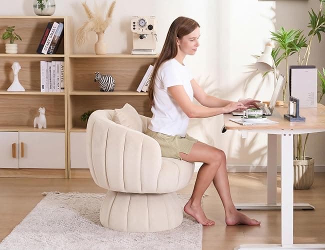 Mistpople Mid Century Modern 360 Degree Barrel Swivel Accent Sofa Chair,Fluffy Velvet Fabric Lounge Wide Upholstered Pumpkin Reading Chair, Round Cloud Armchair for Living Room,Bedroom,Vanity(Beige) thumbnail 3