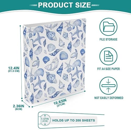 Navy Seashells 3 Ring Binder 1.5 Inch 1 Pack with 200 Sheet for Kids School Supplies Women Men Office thumbnail 3