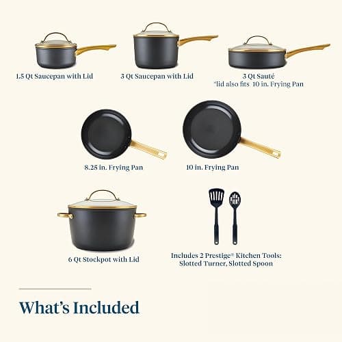 Farberware Forged Induction Ceramic Nonstick Pots and Pans Set with Lids and Kitchen Cooking Tools - Dishwasher Safe, Suitable for All Stovetops, 12 Piece Cookware Set - Black and Gold thumbnail 3