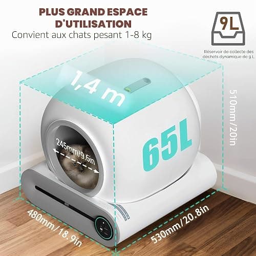 Litière Chat Automatique XXL Autonettoyante, Fermée, Anti-Odeur,Silencieuse | Litière chat autonettoyante XXL : multicapteurs sécurité, ions anti-odeurs, réservoir 65L+9L, entrée 15cm, application TUYA thumbnail 2