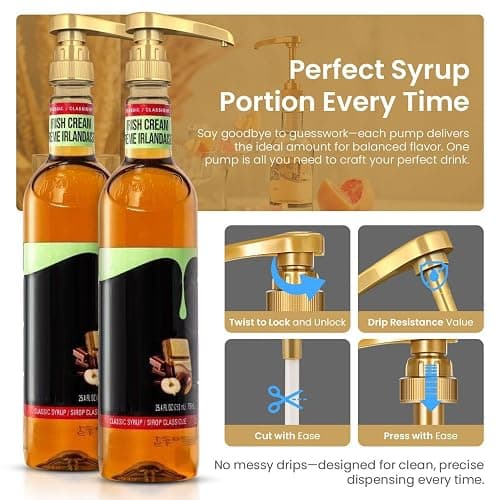 Syrup Pump for Coffee Syrup Bottles – 4-Pack Dispenser Pumps Fits 750ml / 25.4 oz Flavoring Syrup Bottles – Compatible with Torani & More – Gold Coffee Syrup Dispenser Pump for Home & Cafe Use. thumbnail 6