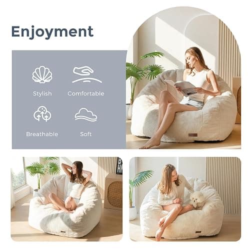 MAXYOYO Giant Bean Bag Chair for Adults, Oversized Shell Shape Bean Bag | Faux Fur Large Chair with Filler, Stuffed Big Lounge Floor Sofa for Bedroom Living Room Reading, Beige thumbnail 3