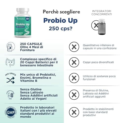 Fermenti Lattici Probiotici - 250 Capsule - PROBIO UP, Concentrato di 20 Ceppi Batterici per Adulti, Probiotico per Intestino, Lactobacilli, Bifidobatteri, Enzimi digestivi, Inulina, FOS, 20 Miliardi thumbnail 7