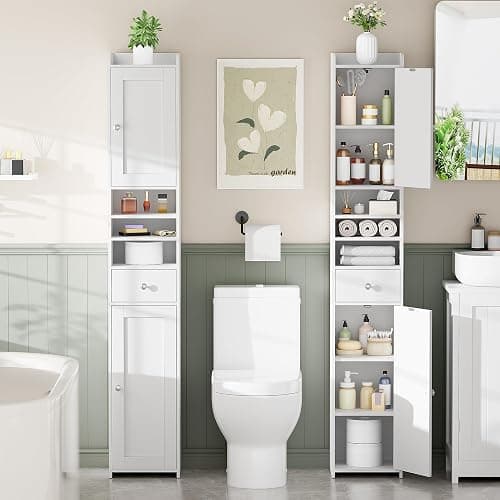 Tall Bathroom Cabinet, Slim Storage Cabinet with Adjustable Shelve 30×180cm | Bathroom Storage Unit Narrow Cupboard, Corner cabinet freestanding Anti-Tip Adjustable Removable Shelf Wood Modern Drawers thumbnail 9