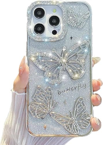 QKD for iPhone 14, Cute 3D Butterfly Glitter Case 6.1" – Plated Slim Protective Cover with Camera Protection, Drop-Resistant Bumper for Women & Girls (Silver) - Image 1