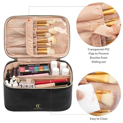 OCHEAL Makeup Bag, Portable Cosmetic Bag, Large Capacity Travel Makeup Case Organizer, Black For Women Toiletry Bag for Girls Traveling With Handle and Divider thumbnail 2
