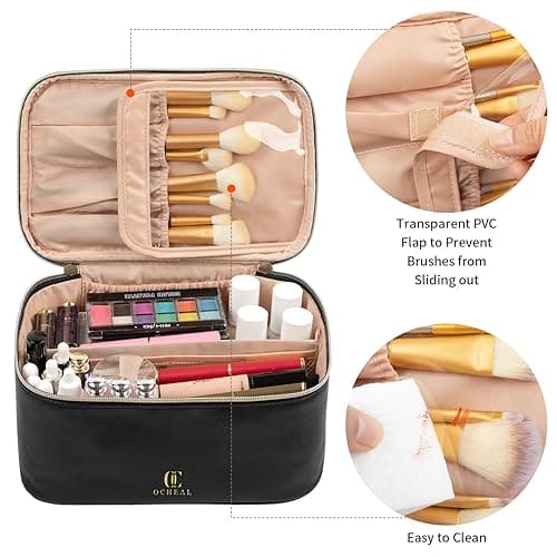 OCHEAL Makeup Bag, Portable Cosmetic Bag, Large Capacity Travel Makeup Case Organizer, Black For Women Toiletry Bag for Girls Traveling With Handle and Divider thumbnail 3