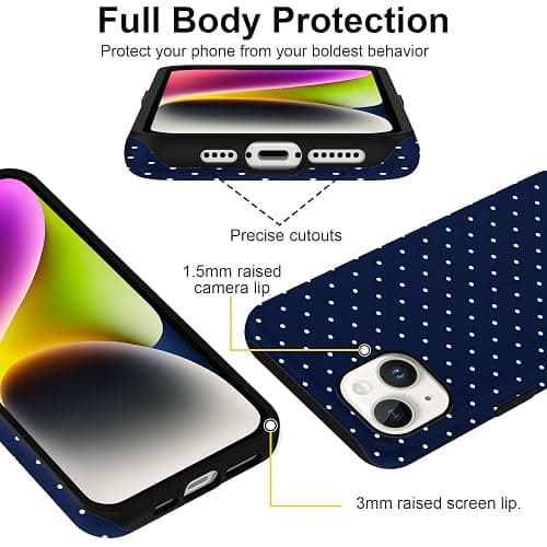 lioscre Polka Dot Phone Case for iPhone 13 / iPhone 14 Cute Trendy Pattern Case 6.1", Aesthetic Stylish Print Design Matte Cover Hard PC Shockproof Soft TPU Protection Girls Women Funda, Navy Blue thumbnail 4