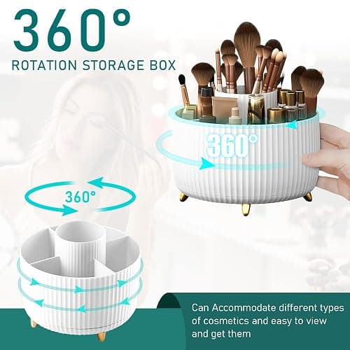 Diesisa Makeup Brush Holder Organizer,360° Rotating Makeup Brush Organizer,5 Slot Make up Brushes Cup for Cosmetics, Nail Polish, Art Supply, Bathroom Vanity Desktop Organizer - White thumbnail 2