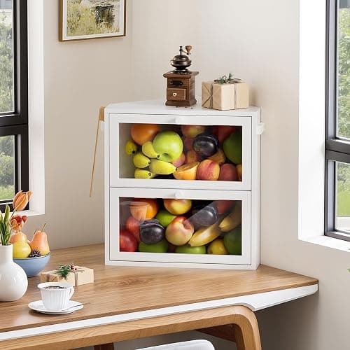 WOWLIVE Corner Bread Box for Kitchen Countertop, Large Double Layer Bread Storage Container for Homemade Bread, Black Bread Holder for Kitchen Counter, Under Cabinet Organizer (White, Extra Large) thumbnail 7
