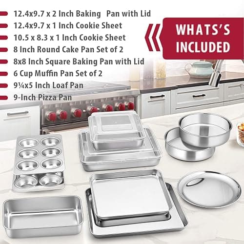 E-far 12-Piece Stainless Steel Bakeware Sets, Metal Baking Pan Set Include Round Cake Pans, Square/Rectangle Baking Pans with Lids, Cookie Sheet, Loaf/Muffin/Pizza Pan, Non-toxic & Dishwasher Safe thumbnail 3
