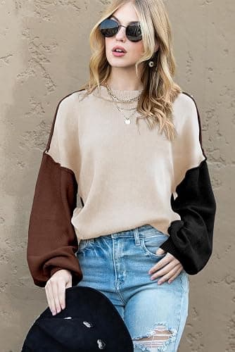 Dokotoo Women's Sweaters Colorblock Crewneck Cotton Long Sleeve Fall Winter Knit Pullover Jumper Tops thumbnail 5