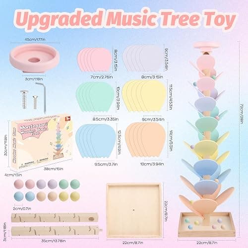 Wooden Marble Run Ball Drop Montessori Toy for 4-8 Boys Girls (Height: 28") | Wood Music Tree Marble Ball Run Game 3-5 8-12 Years Old Learning Color Sorting Sensory Toys Birthday Gift thumbnail 2