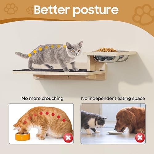 MeowHomm Cat Wall Shelves, Wood Cat Feeding Shelf with 4 Non-Slip Steps, 2 Food Bowls, Wall-Mounted Furniture for Kittens thumbnail 5