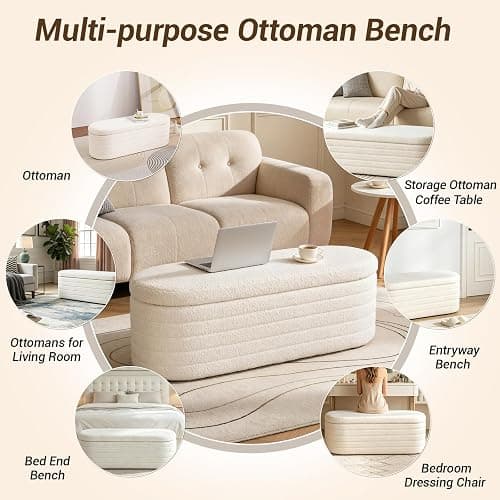 Dolift 45.5-inch Modern Teddy Sherpa Storage Ottoman Bench, Upholstered Fabric Bench for Bedroom End of Bed, Oval White Boucle Storage Ottoman for Living Room, Entryway, Small Apartment thumbnail 5
