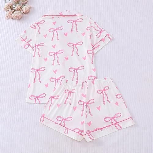 Christmas Pajamas For Women Set,Button Down Short Sleeve Shirts And Shorts Set Soft Casual Cute Xmas Print Pjs Sleepwear thumbnail 2