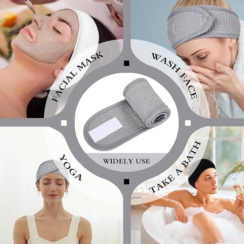 Whaline 3Pcs Spa Facial Headband White Black Grey Head Wrap Terry Cloth Waffle Adjustable Makeup Headband for Bath Sports Washing Face Shower thumbnail 7