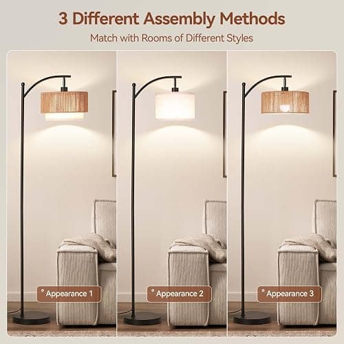 SUNMORY Floor Lamps for Living Room with 12W LED Bulb, Arc Floor Lamp with 3 Color Temperatures, Farmhouse Floor Lamps with Adjustable Rattan & Fabric Shades, Boho Standing Lamp for Bedroom, Corner thumbnail 4