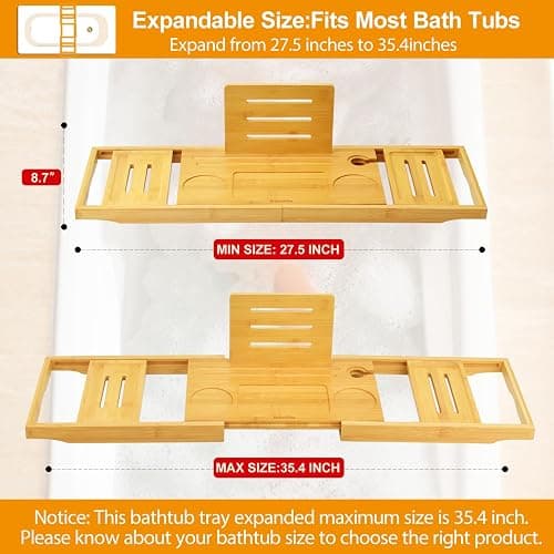 Bathtub Tray Caddy - Bath Tray - Bath Tub Tray Caddy - Bamboo Bath Table Tray for Tub - Expandable Size, Fits Most Tubs thumbnail 3