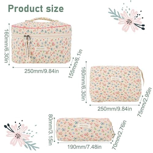 CHAMAIR Quilted Floral Makeup Bag - Coquette Skincare Bag Aesthetic Cosmetic Bag Cotton Toiletry Bag Large Capacity Travel Make Up Bag for Women Ladies Girls (Style B92) thumbnail 3