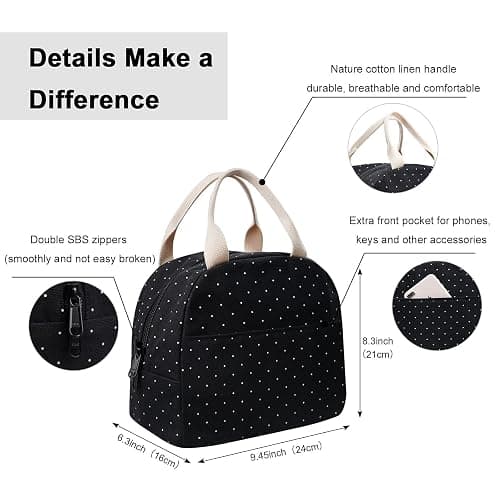 EurCross Upgraded Compact Black Lunch Bag for Girls Women,Canvas Reusable Insulated Polka Dot Lunch Tote Box Bag for Work School thumbnail 4