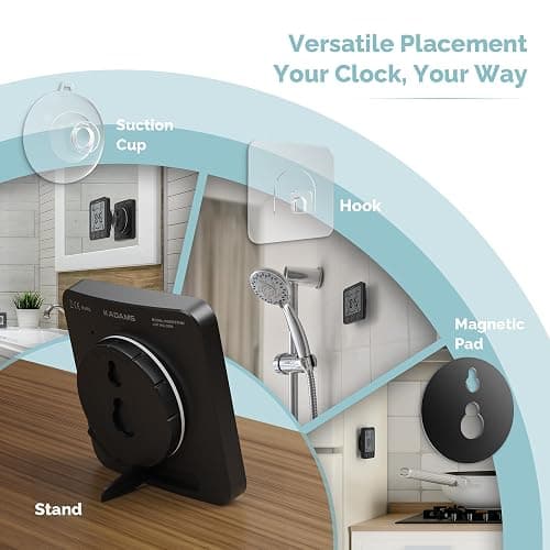KADAMS Shower Clock Waterproof Bathroom Timer – Digital Wall Clock with Countdown, Magnetic Kitchen Clock with Temperature & Humidity, Suction Cup for Kids Shower Spa Sauna Cook Bath (Black) thumbnail 7