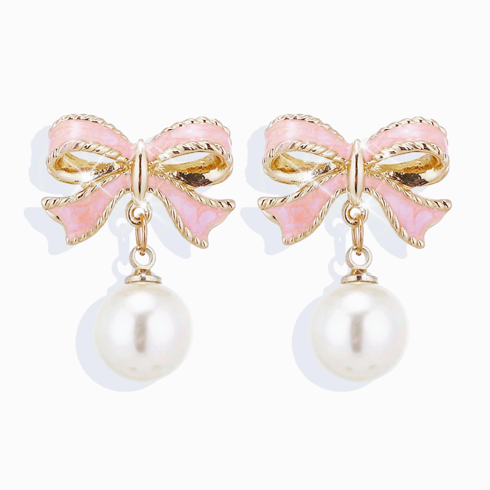 Gold Pearl Bow Earrings For Women Trendy Pink Coquette Drop Stud Ribbon Silver Earrings Dangle Jewelry - Unique Gifts For Wife Valentines Day Preppy Cute Teen Girls Accessories 2024 - pink gold - Image 1